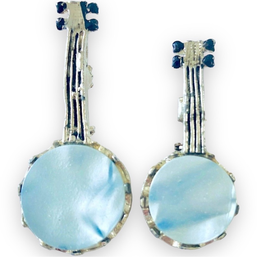 2 BANJO BROOCH / PIN SET Blue Abalone Mother of Pearl Face Inset 40+ Yrs VINTAGE